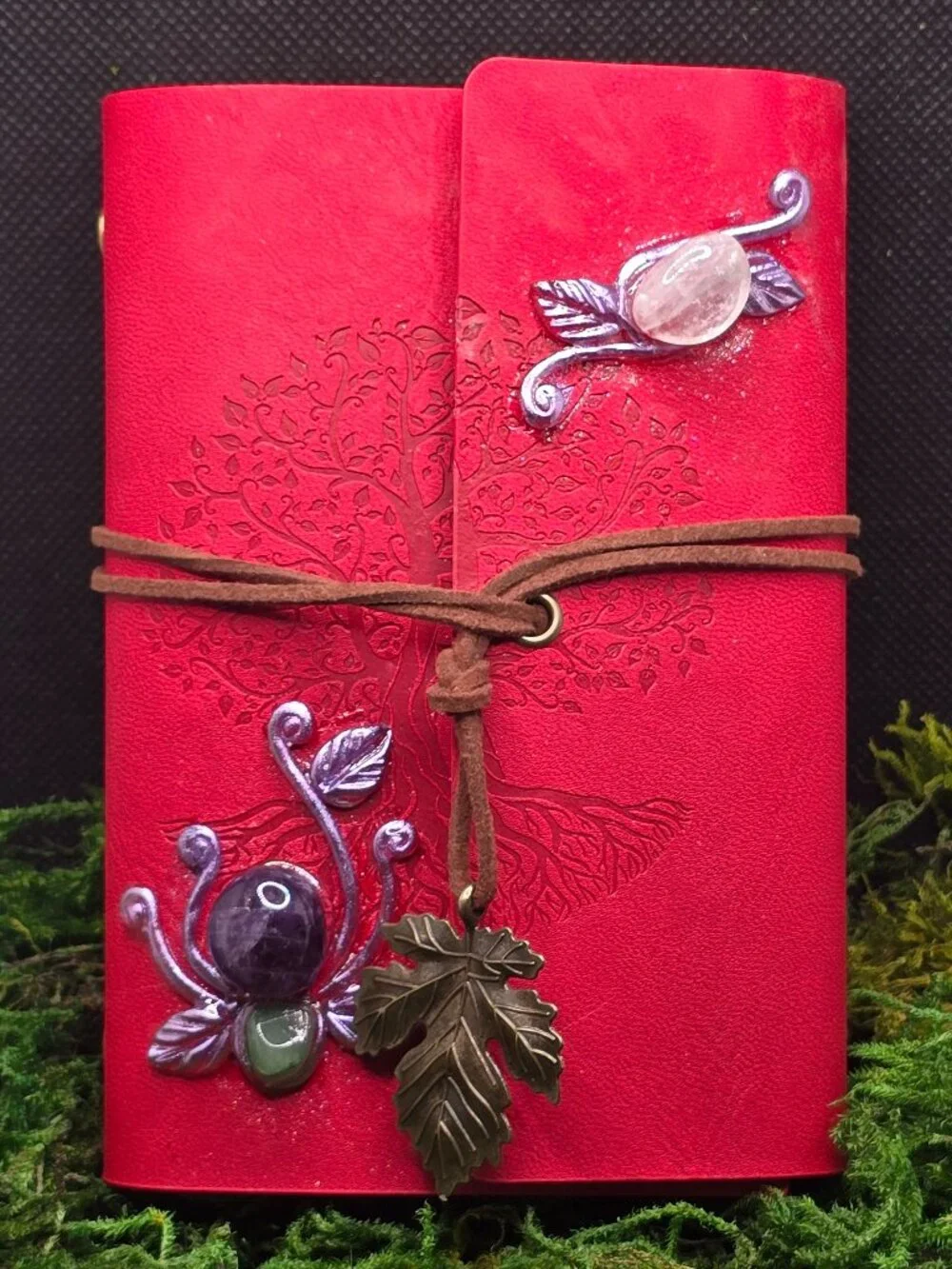 Red Faux Leather Crystal Journal | Amethyst Aventurine Quartz
